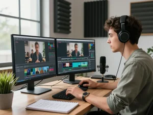 Creating cinematic content with seedance 2.0 ai in a modern tech workspace featuring dual monitors and video editing tools.