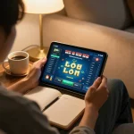 Player researching lô đề strategies on a tablet in a cozy home environment.