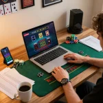 Engaged player at 92slot homepage using laptop for online gaming, emphasizing strategic betting.