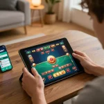 Engaged player accessing Trang chủ DABET on a tablet for online casino gaming in a cozy home setup.