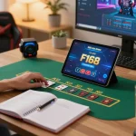 Engaging in live dealer blackjack at Nhà cái F168, showcasing responsible gaming in a cozy home office.