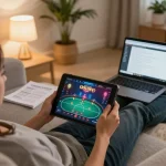 Sunwin player engaging in online gambling on a tablet with strategic notes in cozy home setting