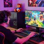 Engaged player enjoying a hentai game in a vibrant gaming setup