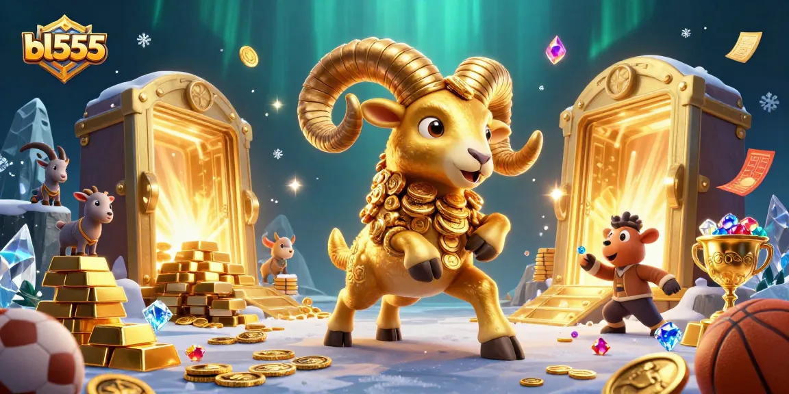Experience the thrill of bl555 with a dynamic 3D illustration featuring a golden ram headbutting through a treasure vault.