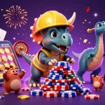 Bet big with rs88 casino gaming, as a triceratops builds poker chip pyramid, celebrating wins!