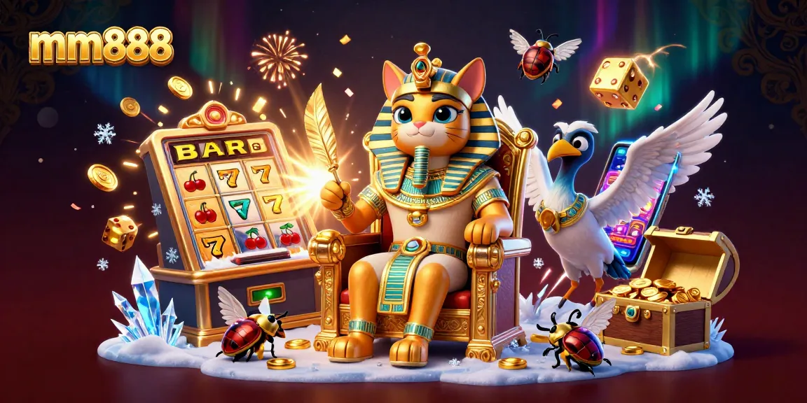 Spin the reels and win big with mm888's thrilling casino games featuring a vibrant Egyptian theme.