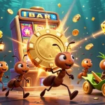 Join the heist at hm88 as cartoon ants carry a giant poker chip amid a vibrant casino explosion.