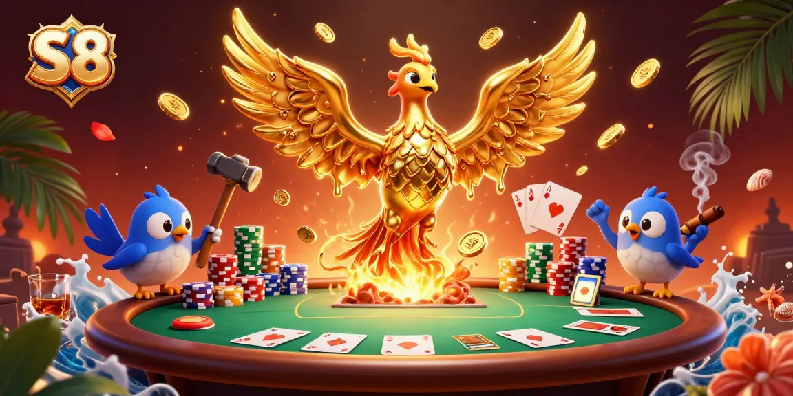 S8 players can win with a fiery cartoon phoenix and poker elements in a vibrant casino scene