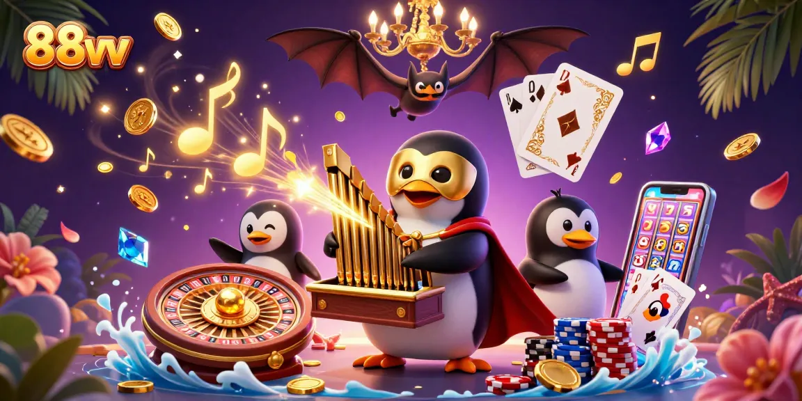 Experience the excitement of 88vv casino adventures with a dynamic 3D illustration filled with colorful gambling elements.