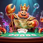 Play at credit card casino sites with a vibrant 3D scene showcasing a golden crab emperor and poker elements.