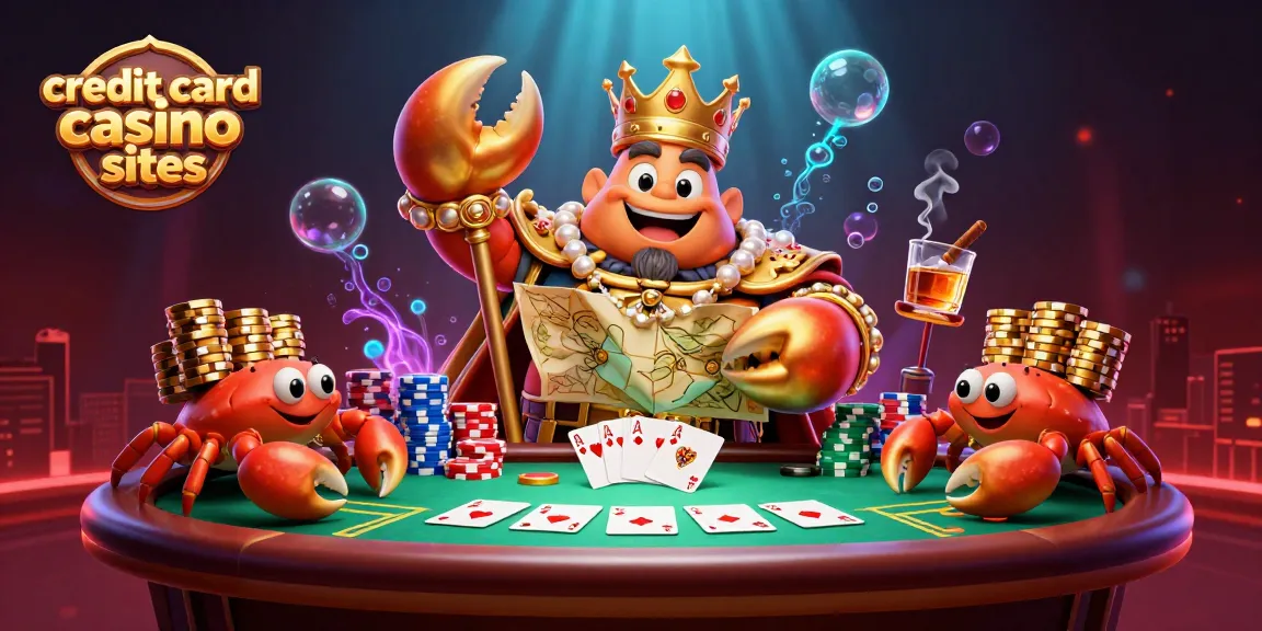 Play at credit card casino sites with a vibrant 3D scene showcasing a golden crab emperor and poker elements.