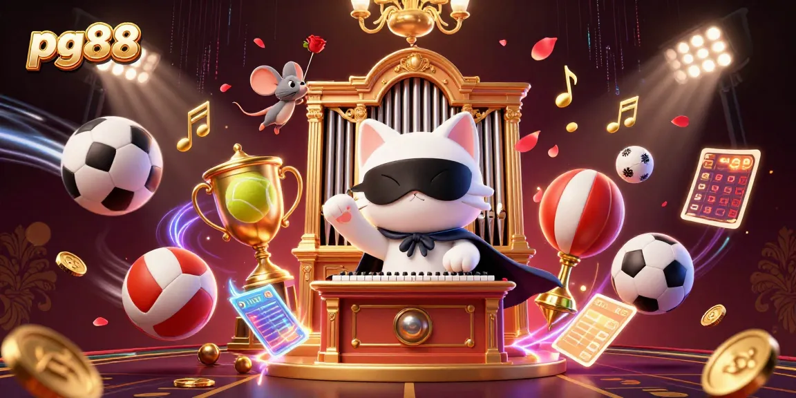 Experience the thrill of pg88 with a captivating casino scene featuring a phantom cat and acrobatic mouse.