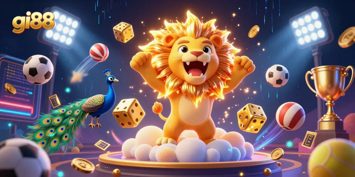 Engage with gi88 in this vibrant casino scene featuring the sun lion and golden dice.