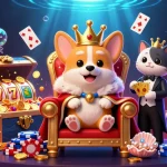 Experience winning thrills at gg88 with a 3D royal corgi displaying luck and fortune amidst vibrant casino elements.
