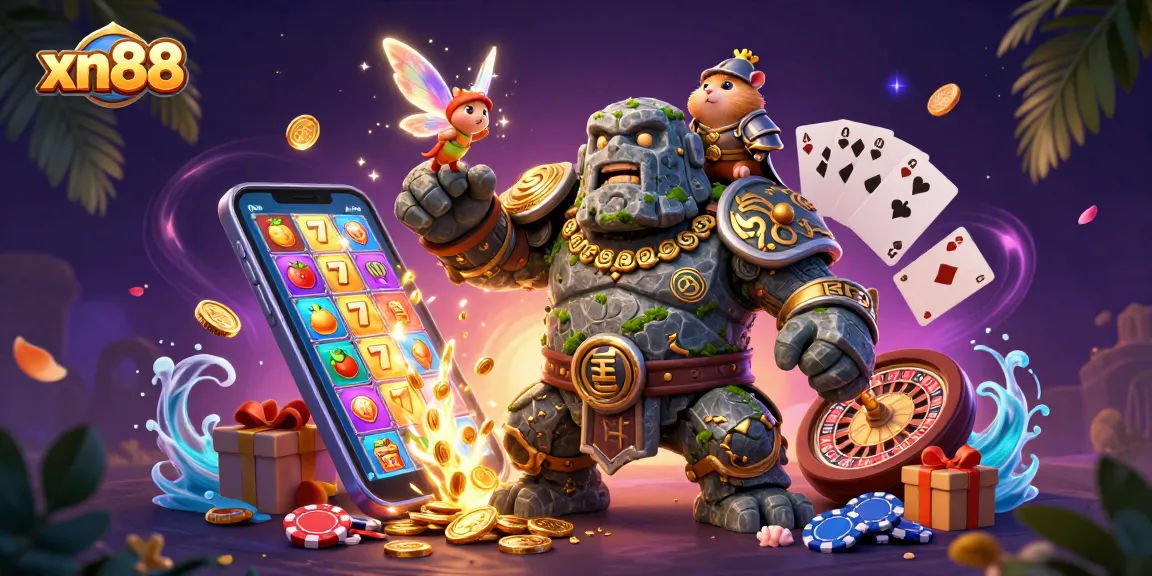 Engage with xn88 casino games in a vibrant 3D illustration showcasing slots, excitement, and treasure.