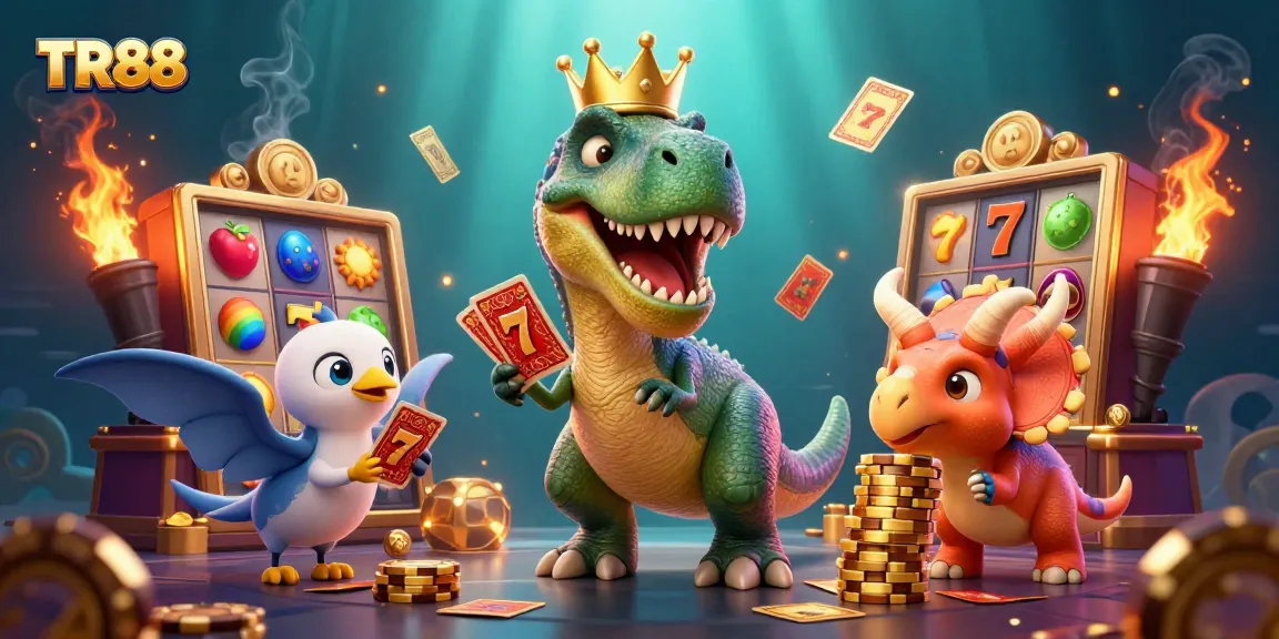 Experience thrilling gameplay with TR88 as a T-Rex shuffles cards and a triceratops stacks winning chips.