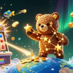 Engage with hm88 through vibrant casino visuals featuring a constellation bear, jackpot slot machine, and dynamic game elements.