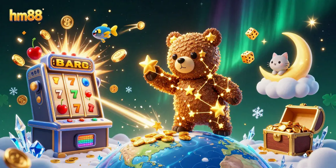 Engage with hm88 through vibrant casino visuals featuring a constellation bear, jackpot slot machine, and dynamic game elements.