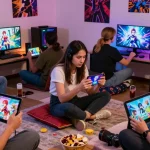 Group of friends enjoying hentai games online in a cozy gaming environment, showcasing vibrant visuals and dynamic interaction.