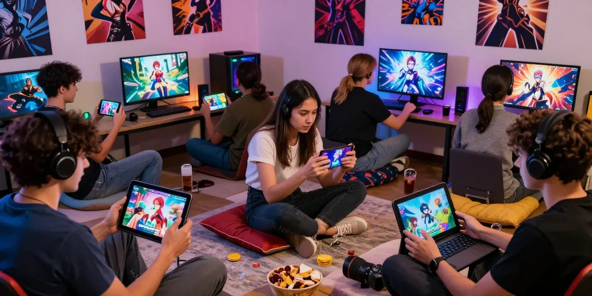 Group of friends enjoying hentai games online in a cozy gaming environment, showcasing vibrant visuals and dynamic interaction.