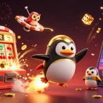 Experience the excitement of xin88 with a golden penguin soaring through a casino-themed space.