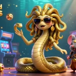 Engage with credit card casinos through a vibrant illustration featuring Medusa and a warrior mouse in a dynamic gaming scene.