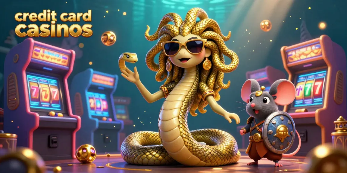 Engage with credit card casinos through a vibrant illustration featuring Medusa and a warrior mouse in a dynamic gaming scene.