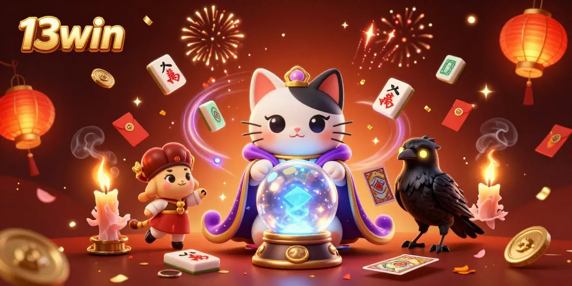 Experience the excitement of 13win with a vibrant 3D illustration featuring casino elements and mystical characters.
