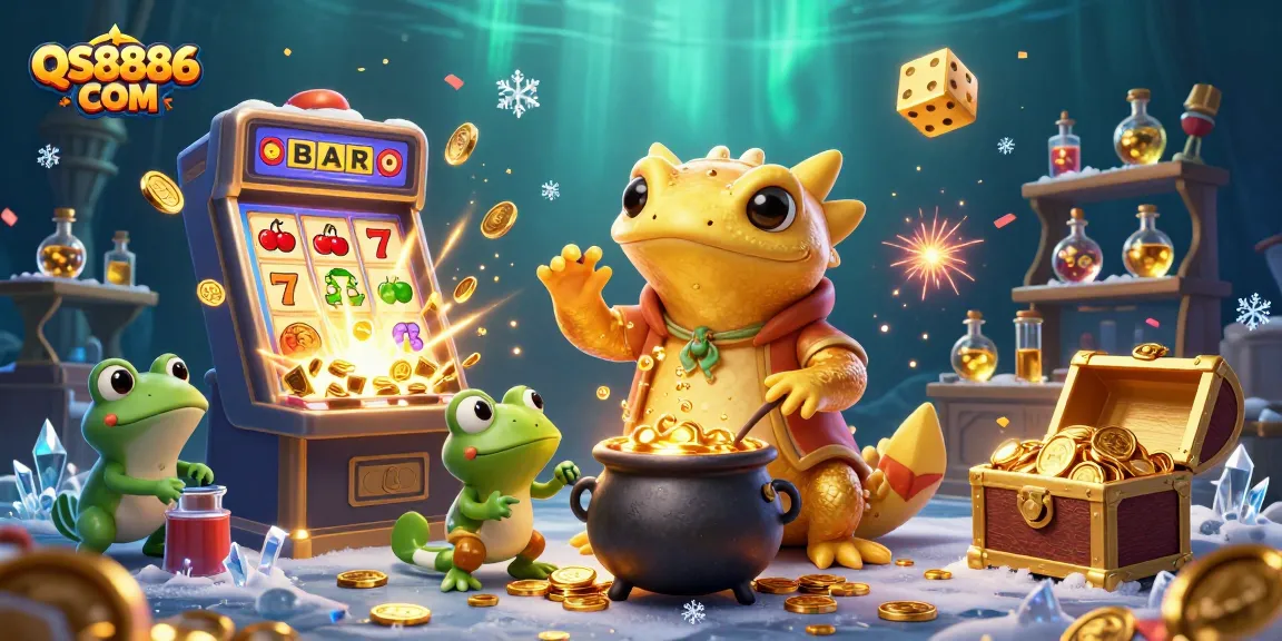 Win big at QS8886 COM with jackpot slots and golden treasures in a magical casino illustration.