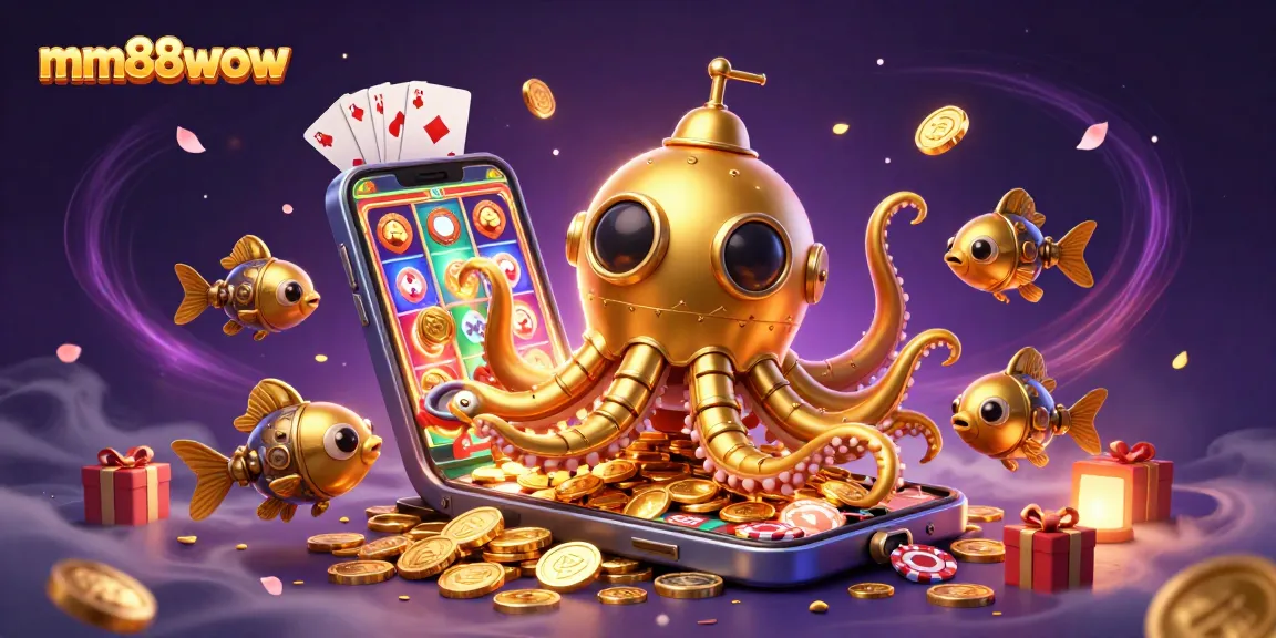 Engage in thrilling gaming with mm88wow's vibrant illustration featuring a kraken submarine and mechanical fish.