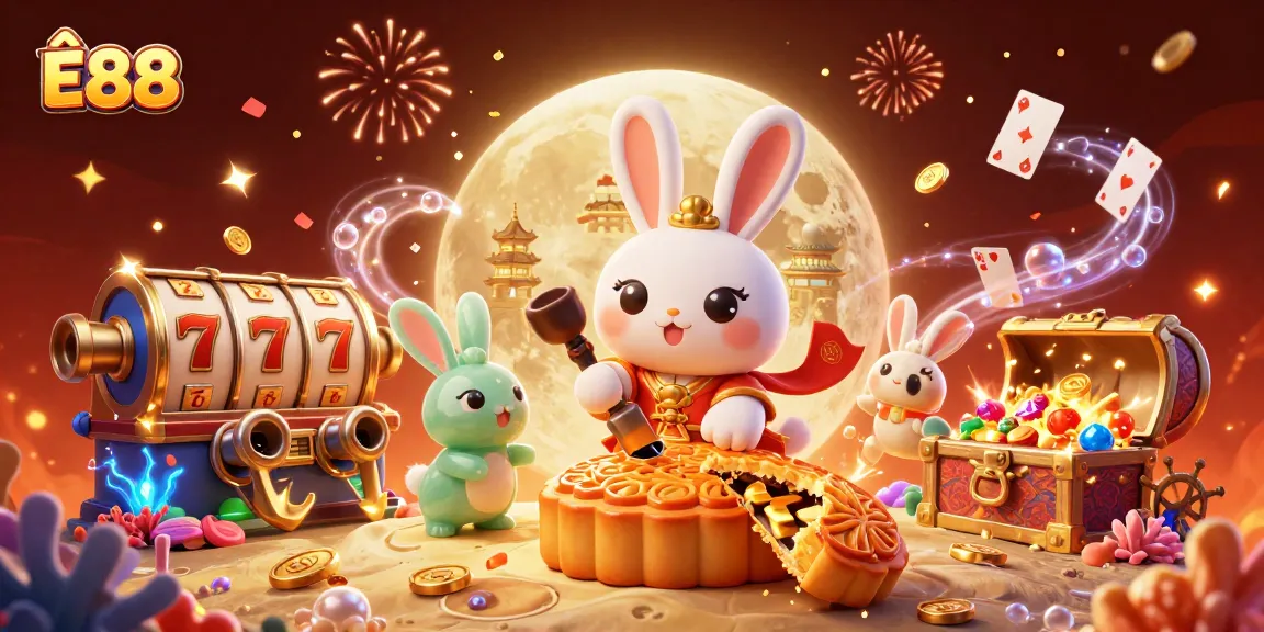 Experience the thrill of Ê88 as the moon rabbit reveals delightful poker chips in a captivating casino scene.