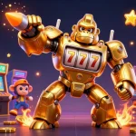 Experience 9bet88 with a vibrant 3D golden gorilla mech casino illustration, showcasing thrilling gaming elements.