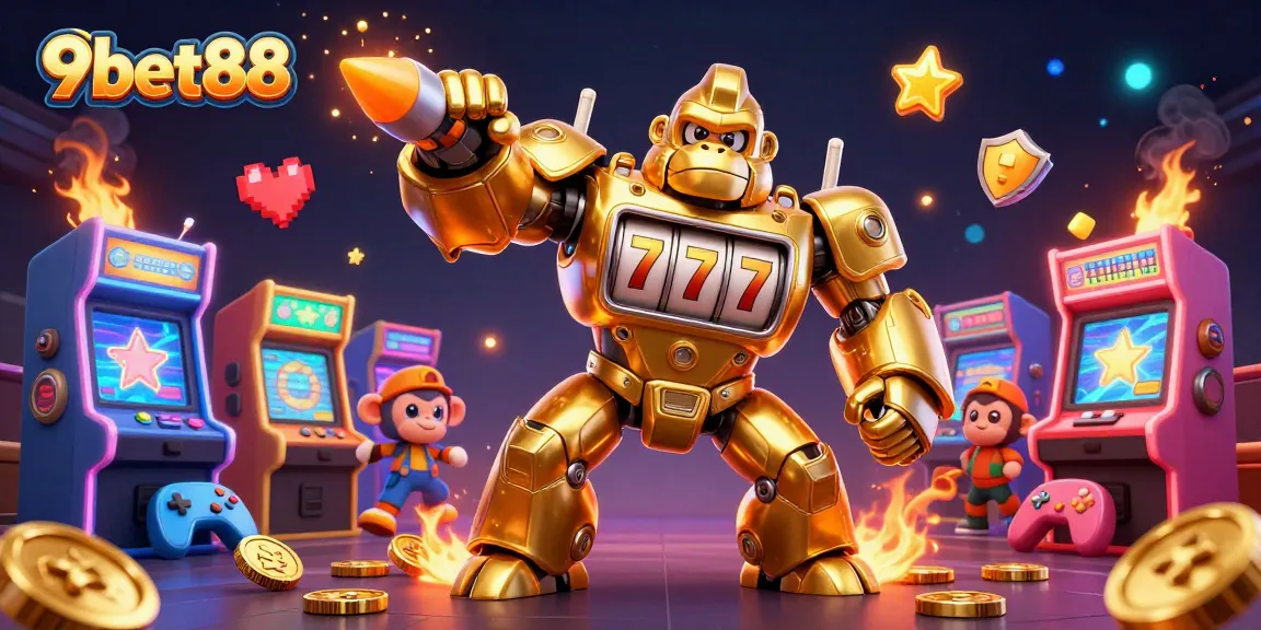 Experience 9bet88 with a vibrant 3D golden gorilla mech casino illustration, showcasing thrilling gaming elements.
