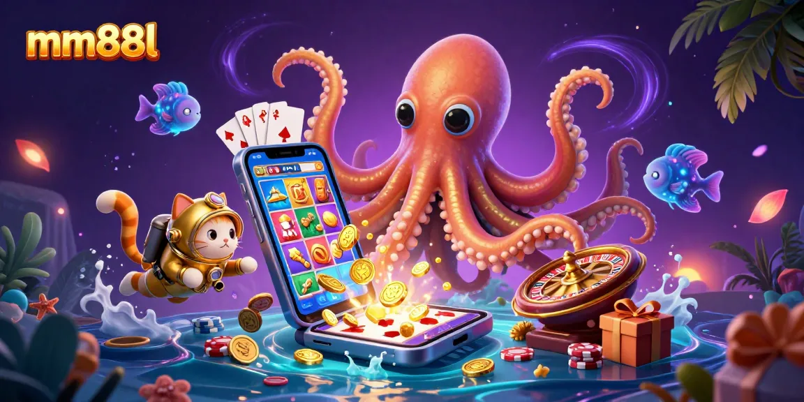 Engage with immersive gameplay in mm88l featuring a kraken and diving cat in a vibrant casino scene.