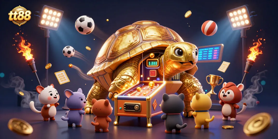 tt88 players engaging with a colossal golden tortoise game in vibrant online casino scene.