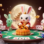 Join the keobongda moon rabbit in a poker showdown with vibrant casino decorations.