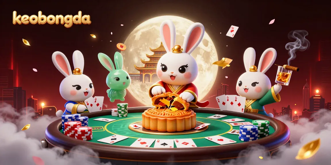Join the keobongda moon rabbit in a poker showdown with vibrant casino decorations.