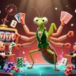Experience thrilling gameplay at 88aa with a giant praying mantis card sharp and lucky symbols around.