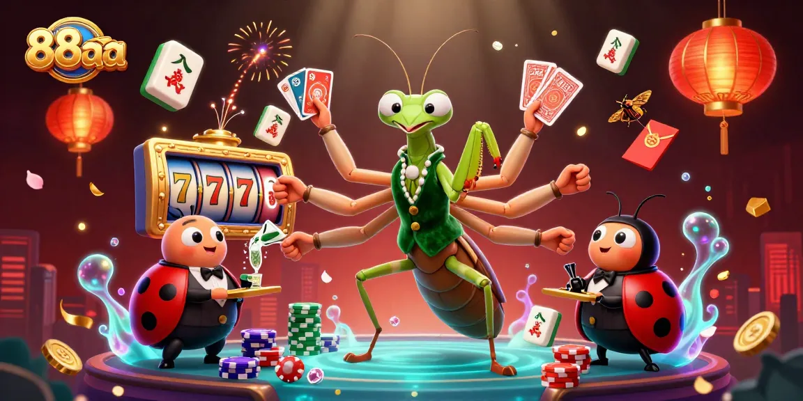 Experience thrilling gameplay at 88aa with a giant praying mantis card sharp and lucky symbols around.