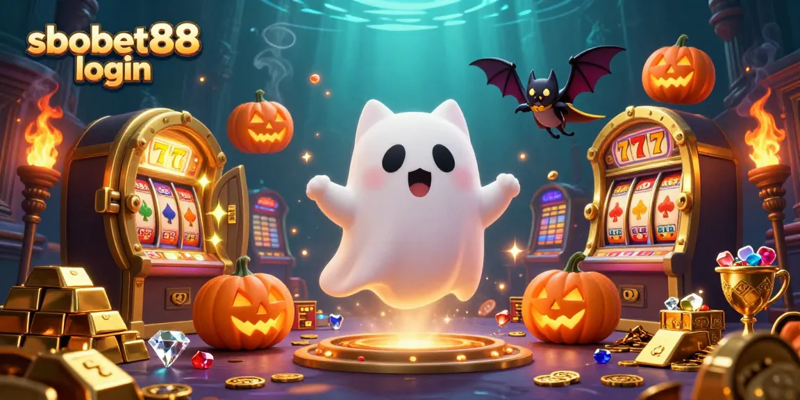 Experience sbobet88 login in a vibrant haunted casino scene with floating characters and captivating treasures.