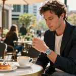 Showcasing a premium replica watch in a chic urban café setting.