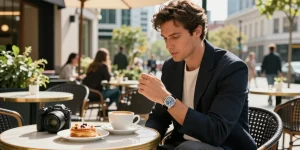Showcasing a premium replica watch in a chic urban café setting.