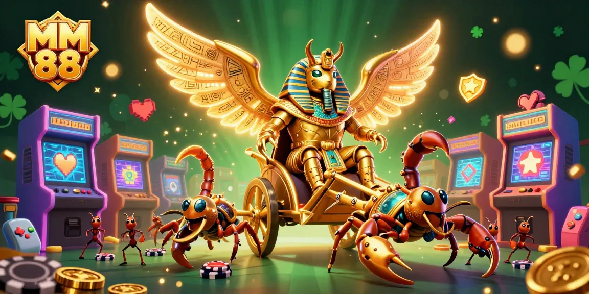 Experience MM 88 excitement with vibrant casino-themed chariot illustration and glowing game elements.
