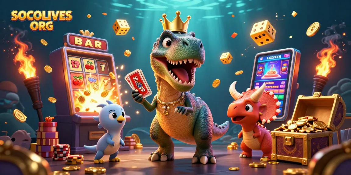 Experience thrilling games at SOCOLIVES ORG with a playful dinosaur and vibrant casino elements.