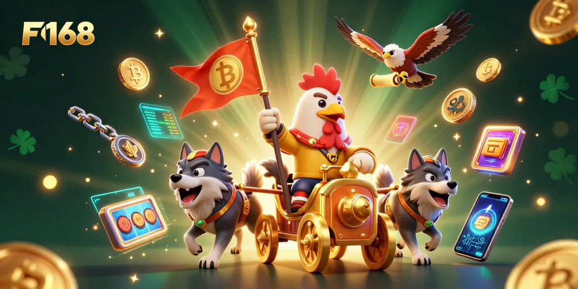 Experience the excitement of F168 with a dynamic casino-themed 3D scene featuring games and crypto elements.