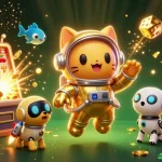 Experience the thrill of casino gaming with debet in a dynamic, vibrant 3D illustration showcasing an astronaut cat and game elements.