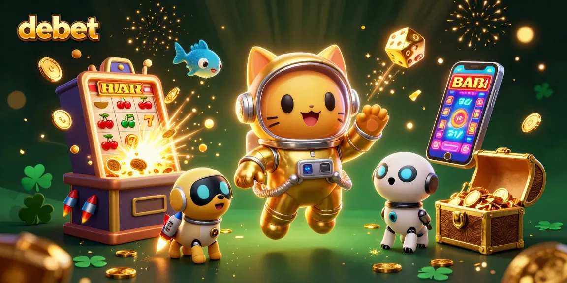 Experience the thrill of casino gaming with debet in a dynamic, vibrant 3D illustration showcasing an astronaut cat and game elements.