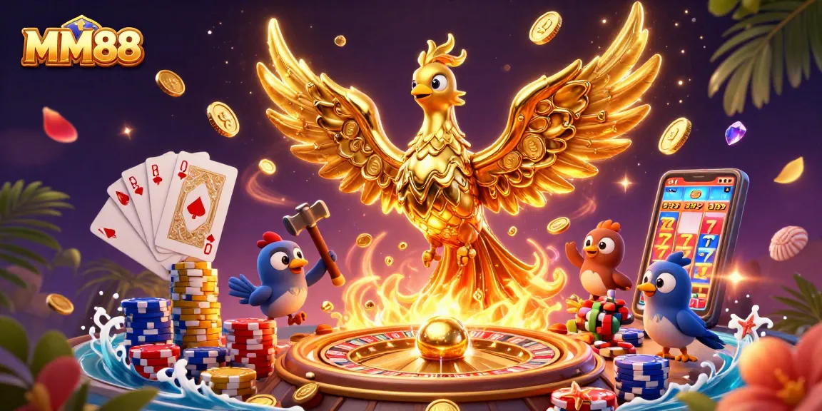 Play winning games at MM88 with a magical golden phoenix and exciting casino elements.