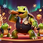 mm88 gaming illustration featuring a turtle in a mobster suit alongside bullfrog enforcers amidst gambling excitement.