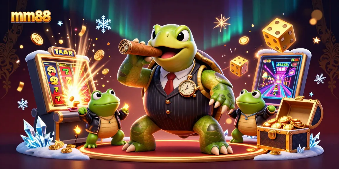 mm88 gaming illustration featuring a turtle in a mobster suit alongside bullfrog enforcers amidst gambling excitement.